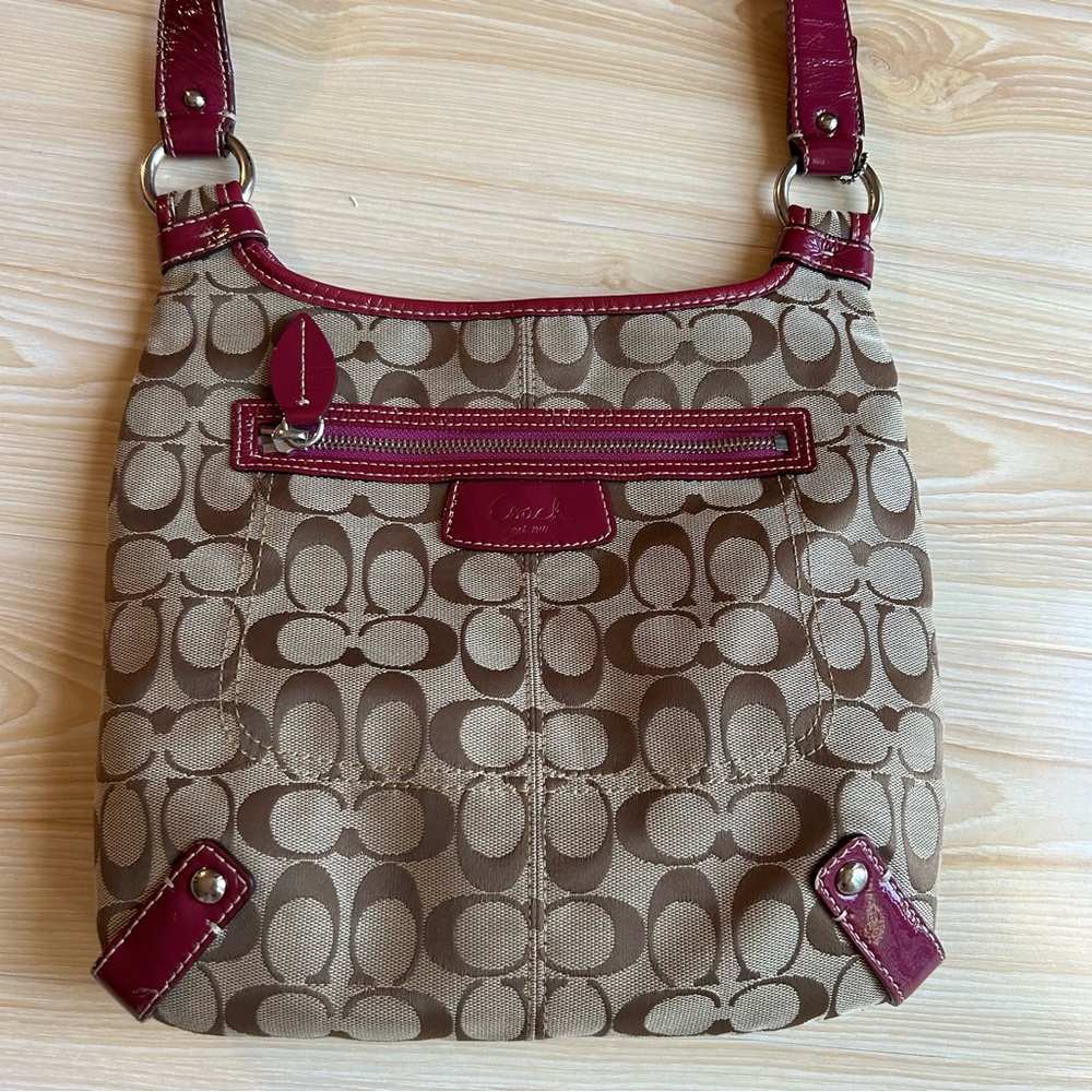 Coach Signature Jacquard File Bag Crossbody Tan pink Purple F14689